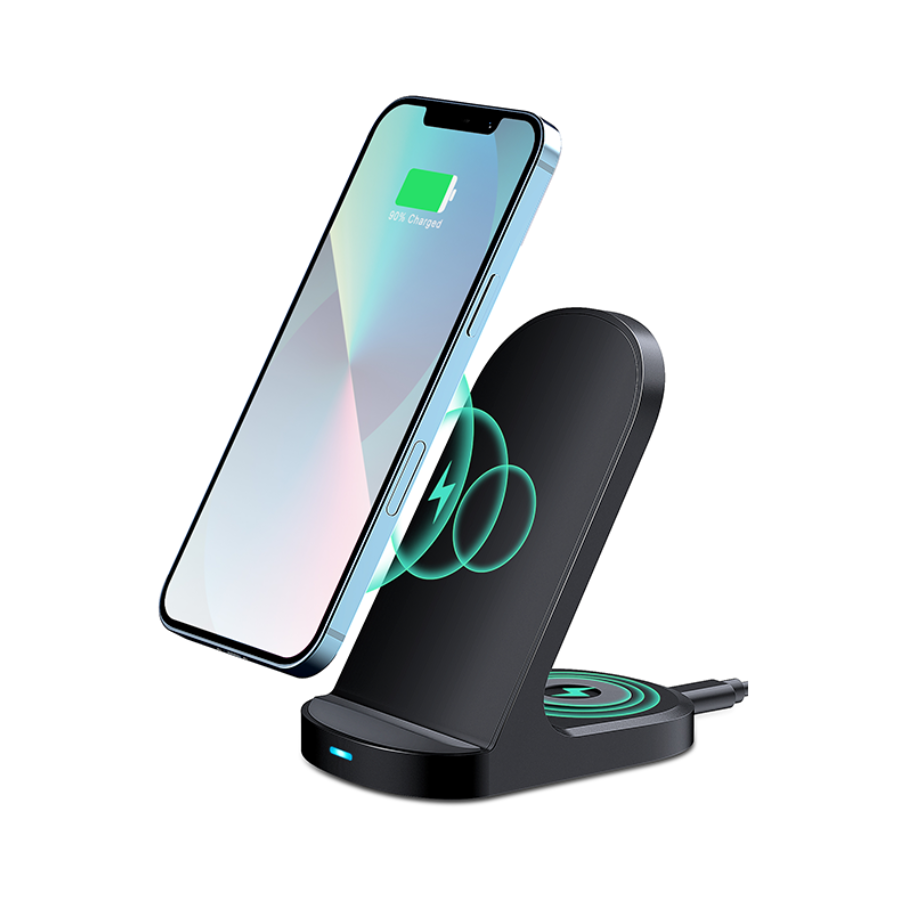Wireless charging stand with a smartphone on a white background