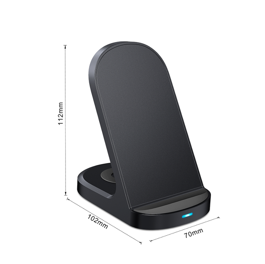 Black wireless charging stand with dimensions on a white background