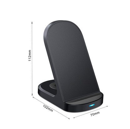 Black wireless charging stand with dimensions on a white background