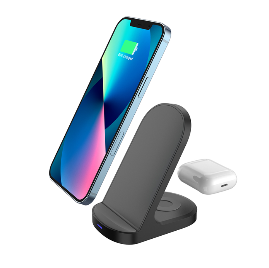 Wireless charging stand with smartphone and wireless earbuds on a white background