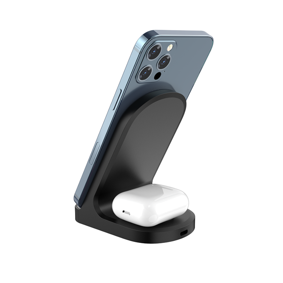 Phone and wireless earbuds on a stand with a white background