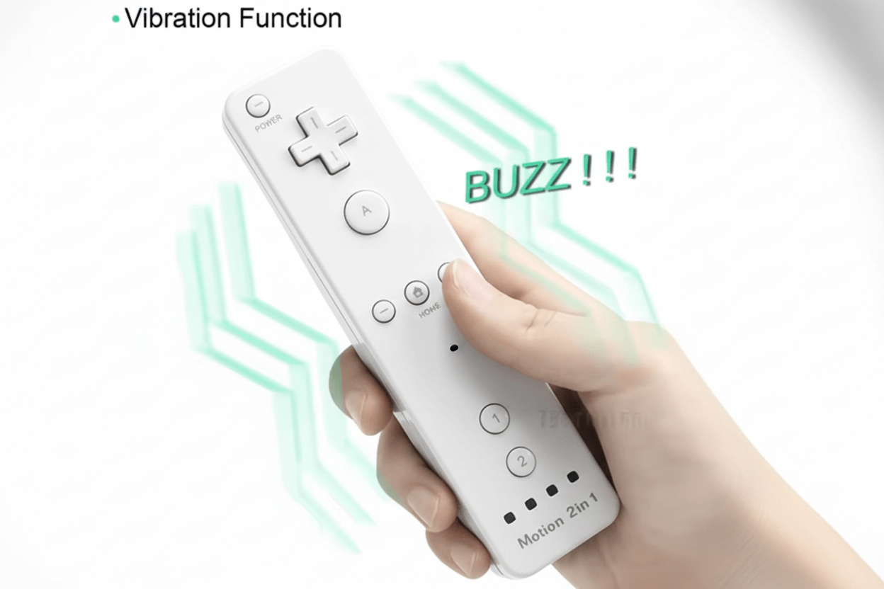 Black remote control with vibration function held in a hand, showing 'BUZZ!!!'