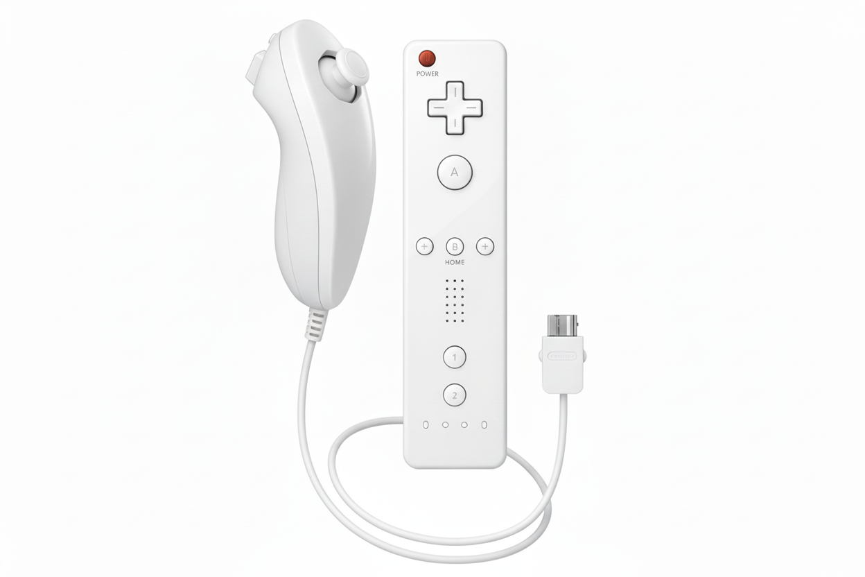 Black gaming controller with Nunchuk attachment on a white background