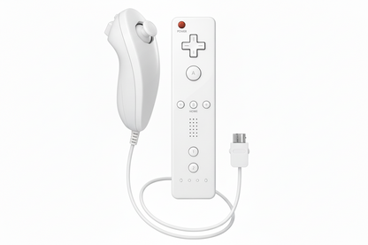 Black gaming controller with Nunchuk attachment on a white background