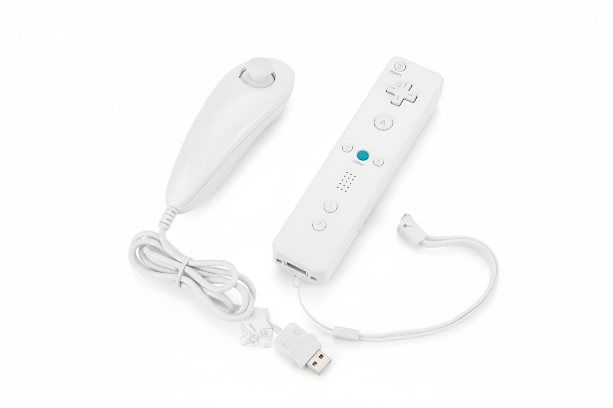 Black gaming controller with motion sensor and USB cable on a white background