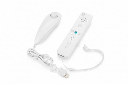 Black gaming controller with motion sensor and USB cable on a white background