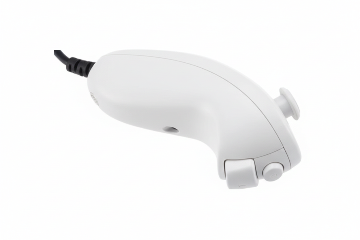 Black electronic device with a cord on a white background
