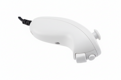 Black electronic device with a cord on a white background