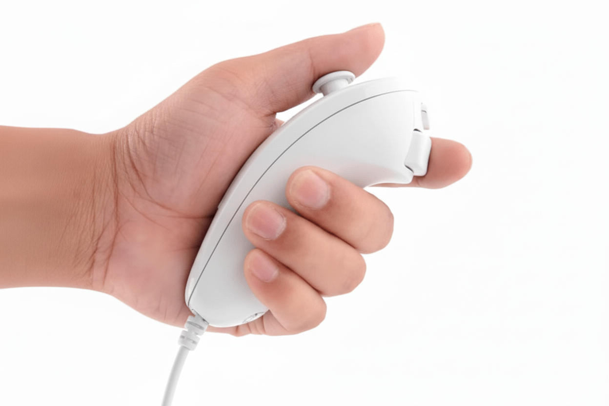 Hand holding a black gaming controller on a white background