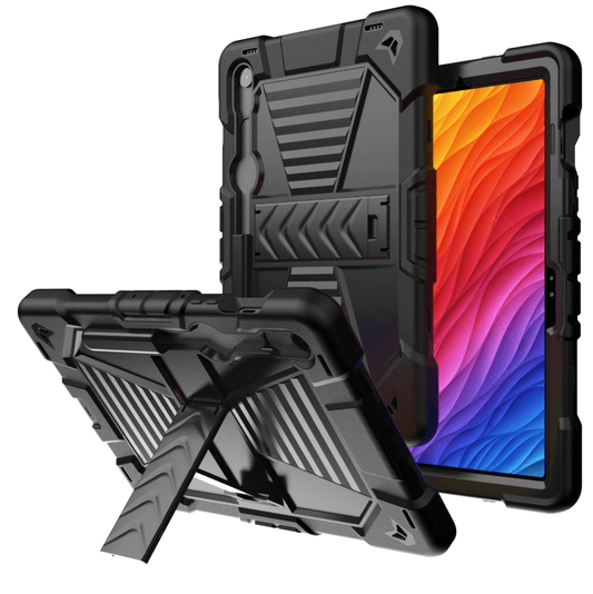 Black rugged tablet case with a colorful screen on a white background