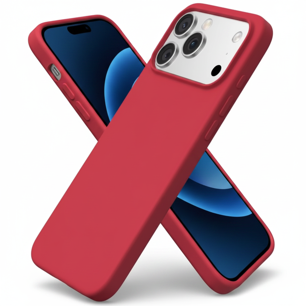 Red phone case with a clear back and camera cutout on a white background