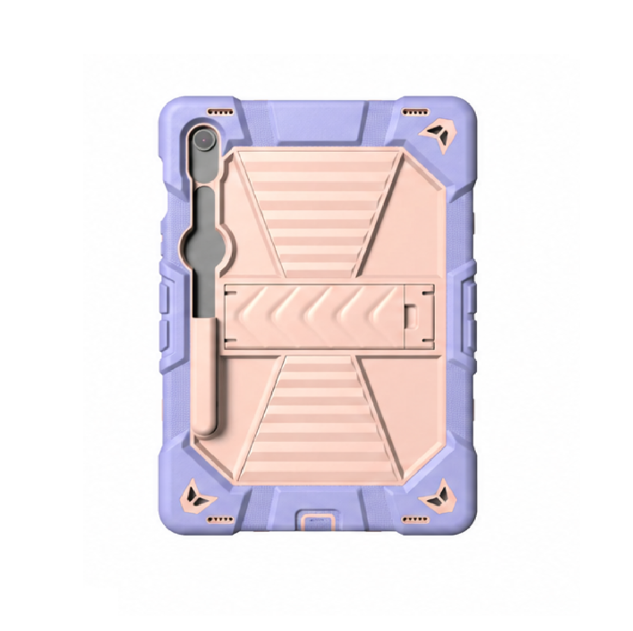 Purple and beige hybrid case for a tablet on a white background