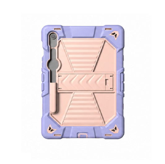 Purple and beige hybrid case for a tablet on a white background