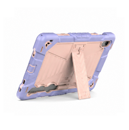 Purple and beige phone case with stand feature on a white background
