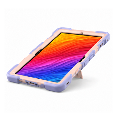 Smartphone with a colorful display and purple case on a white background