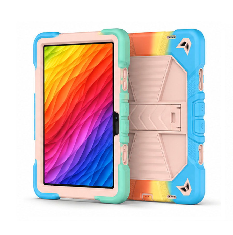 Colorful tablet case with a vibrant screen display on a white background
