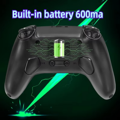 Black gaming controller with battery indicator on a dark background