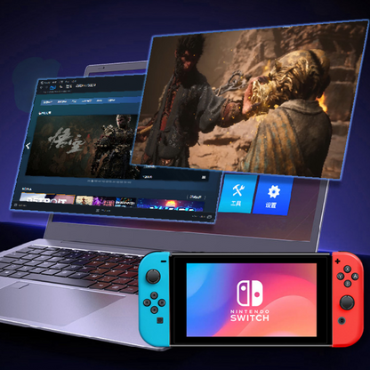 Laptop displaying a video game scene with a Nintendo Switch beside it.