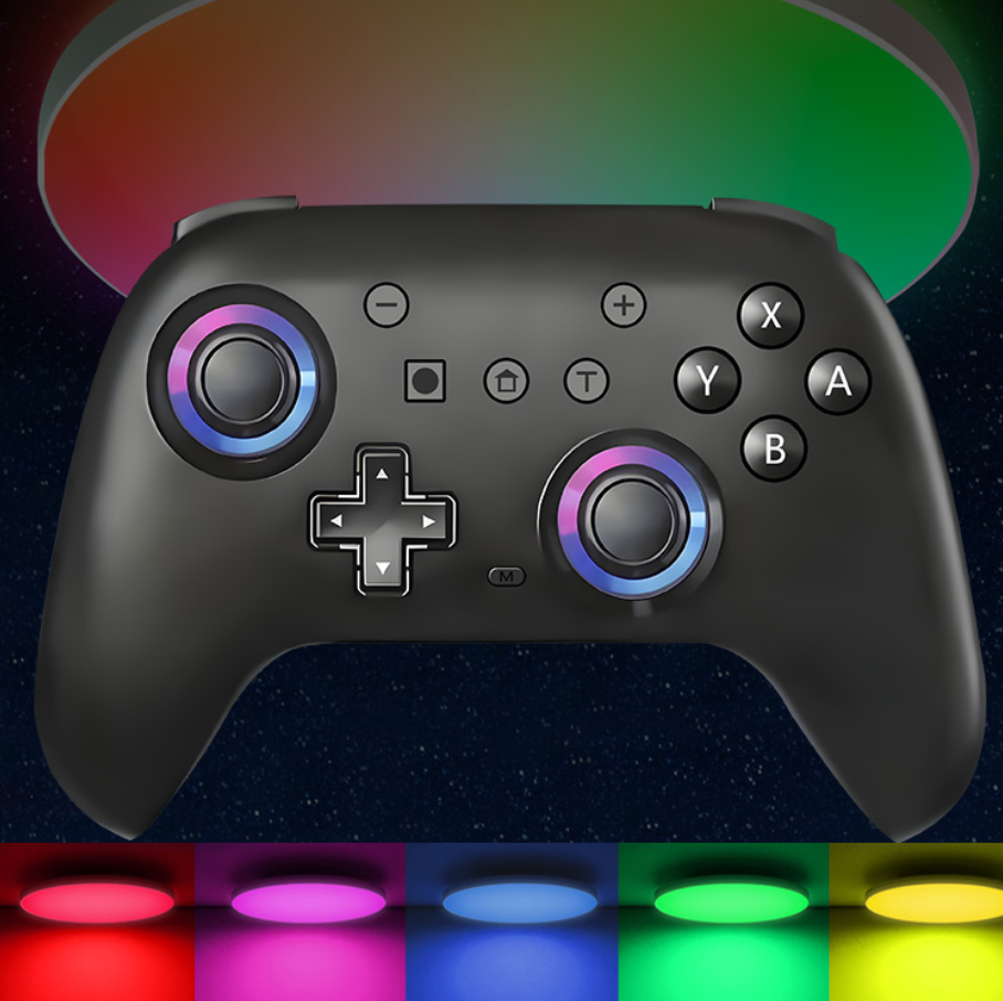 Black gaming controller with colorful LED lights on a dark background
