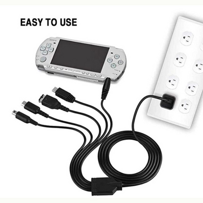 Gaming console with multiple cables plugged into a power outlet, labeled 'Easy to Use'.