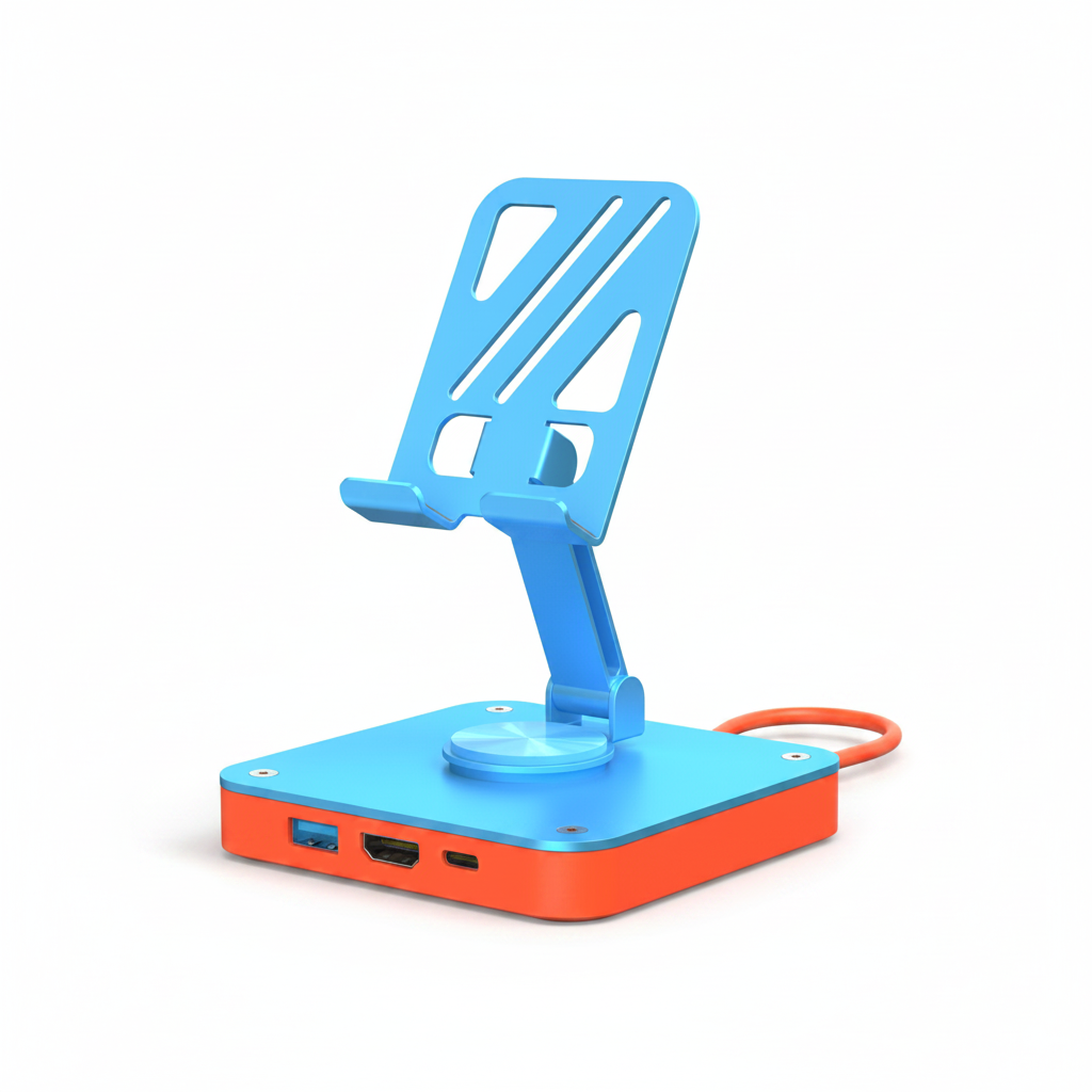 Blue and orange electronic device with a stand on a white background