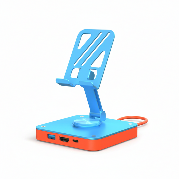 Blue and orange electronic device with a stand on a white background