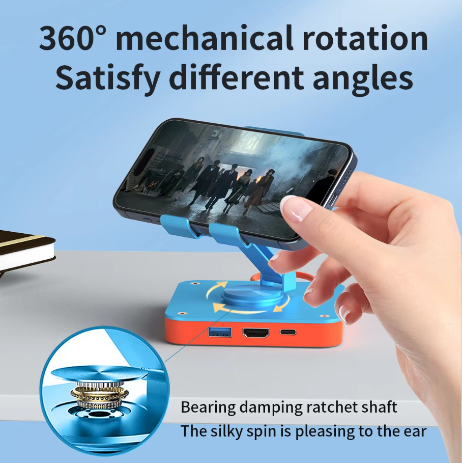 Hand holding a phone on a blue and orange stand with text about 360-degree rotation.