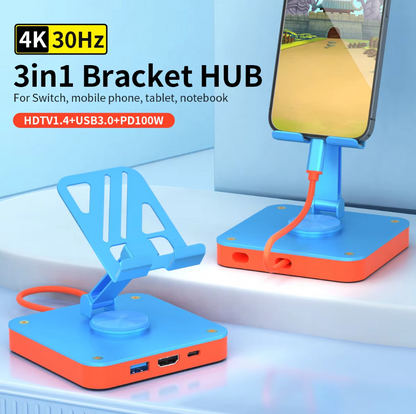 3-in-1 bracket hub with blue and orange design, featuring a smartphone on top.
