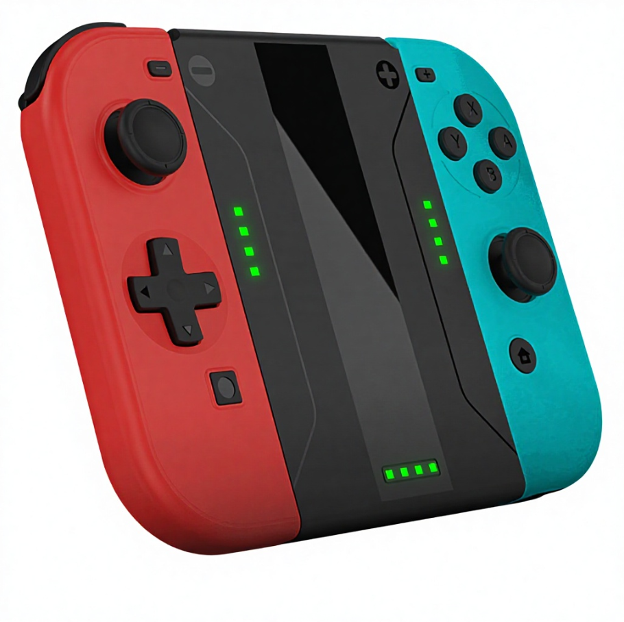 Red, black, and teal gaming controllers on a white background