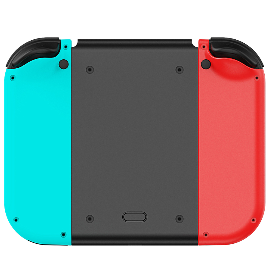 Back view of a Nintendo Switch console with blue, black, and red design.