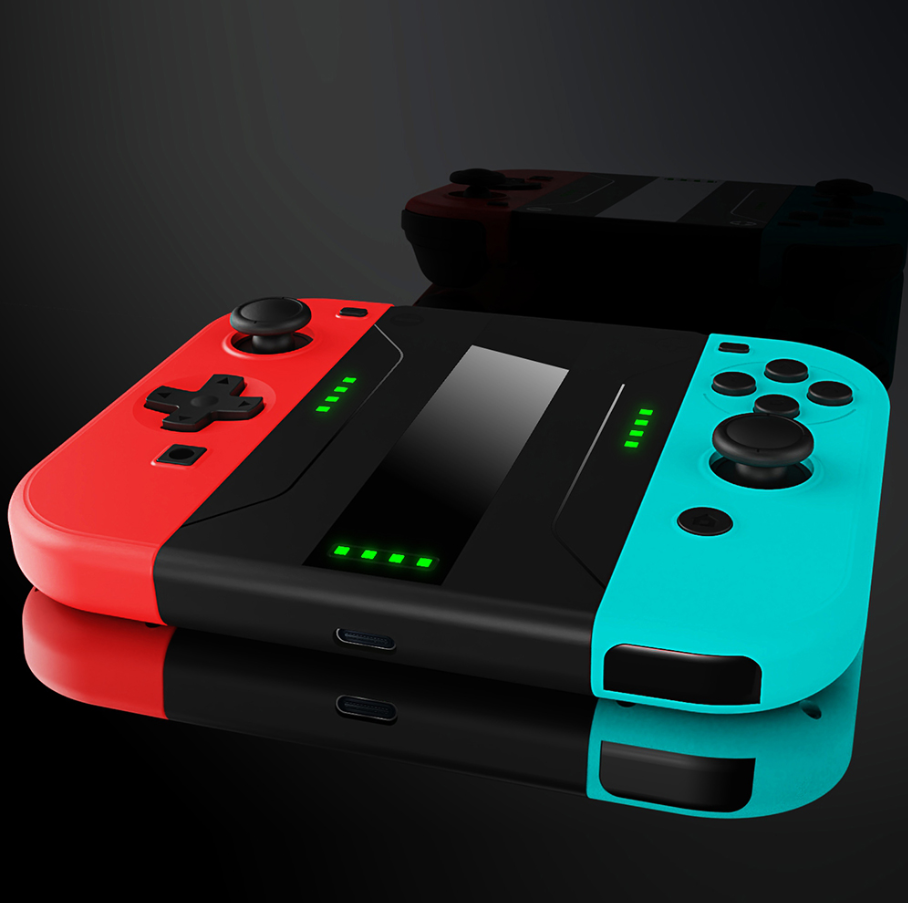 Red and blue gaming console with black accents on a reflective surface