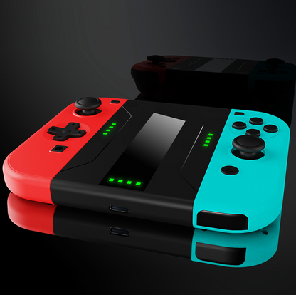 Red and blue gaming console with black accents on a reflective surface