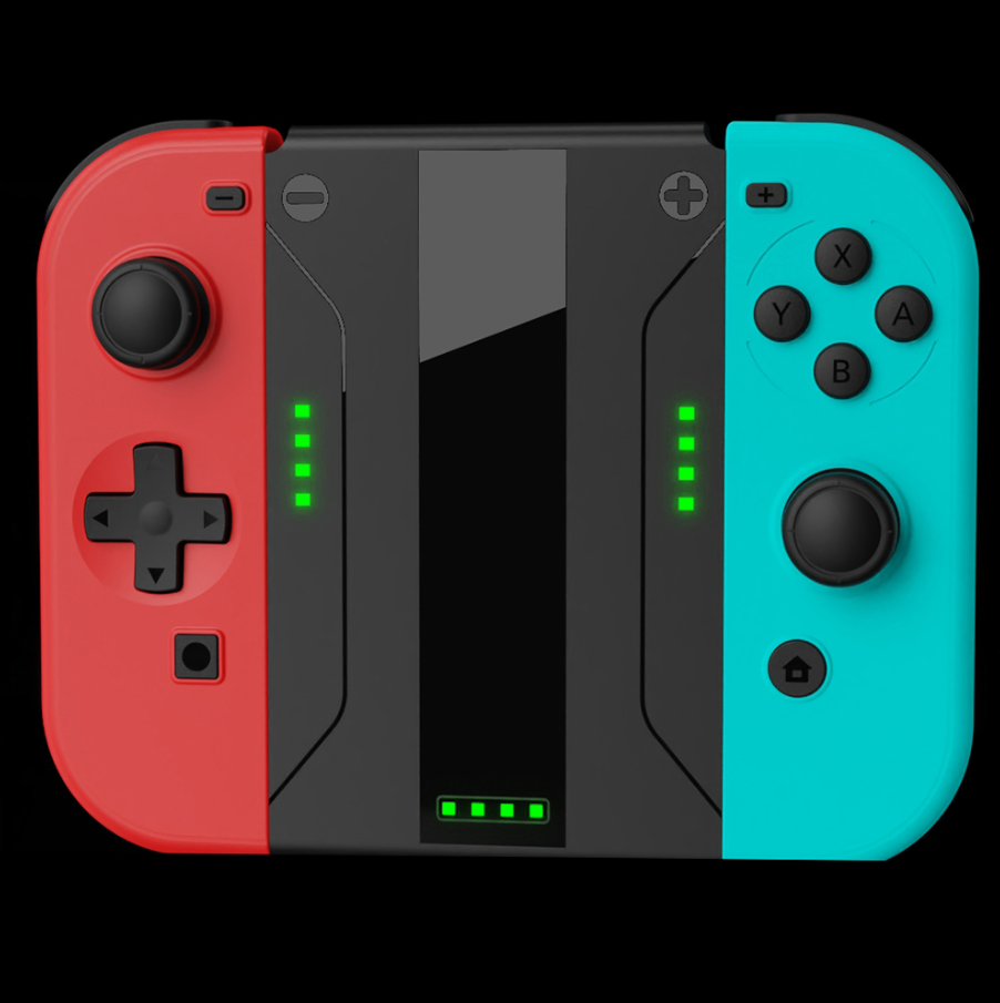 Red and blue gaming controllers with a central black screen on a white background