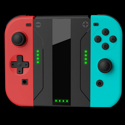 Red and blue gaming controllers with a central black screen on a white background