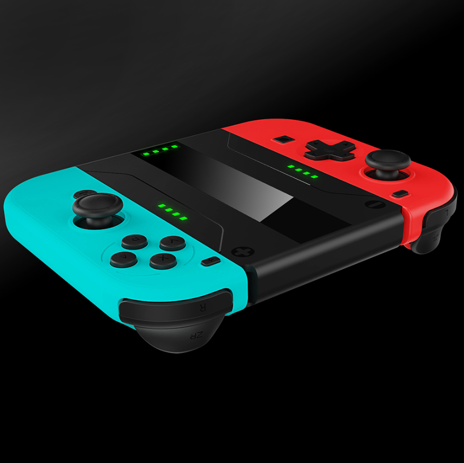 Colorful gaming controller with red, blue, and black design on a black background