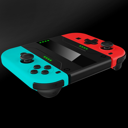 Colorful gaming controller with red, blue, and black design on a black background