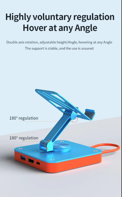 Blue and orange adjustable stand with text on a light gray background
