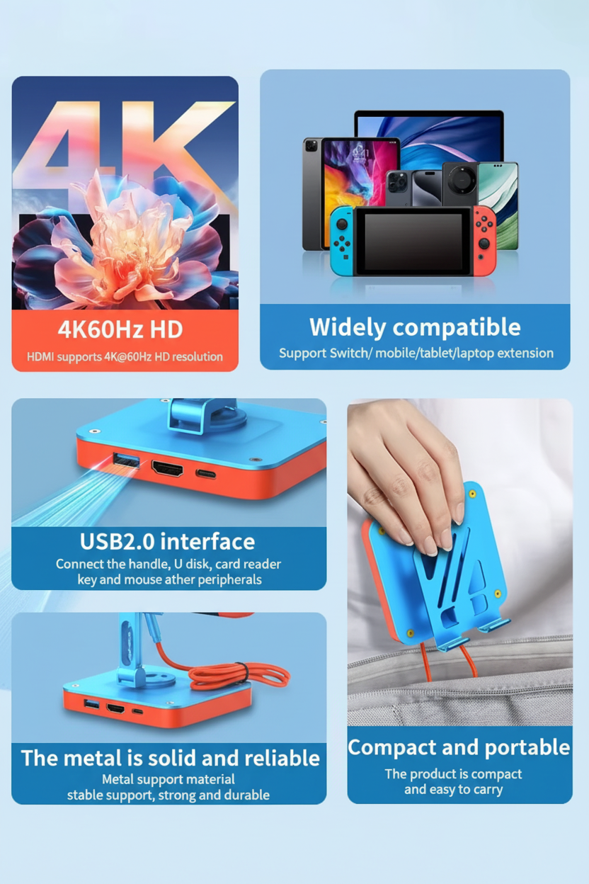 Product features including 4K resolution, compatibility with various devices, USB 2.0 interface, solid metal construction, and compact design on a blue background.