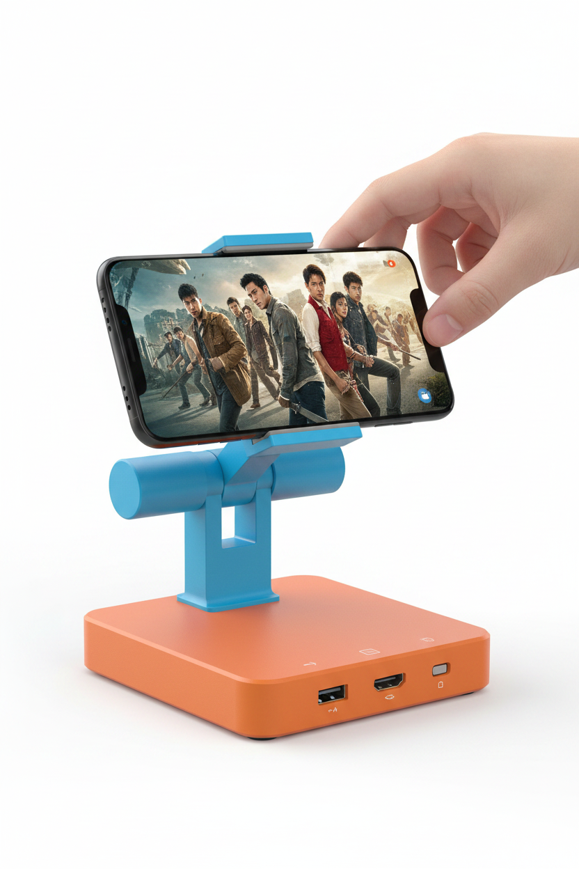 Phone holder with 360-degree rotation feature on a blue background