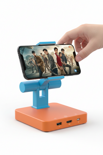 Phone holder with 360-degree rotation feature on a blue background