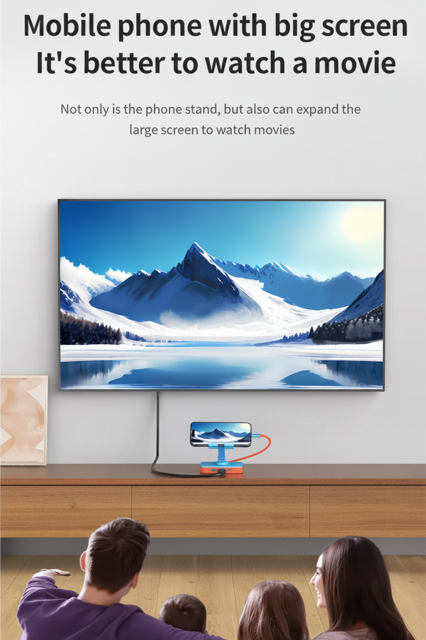 Family watching a movie on a large screen TV with a phone stand and screen expansion feature.