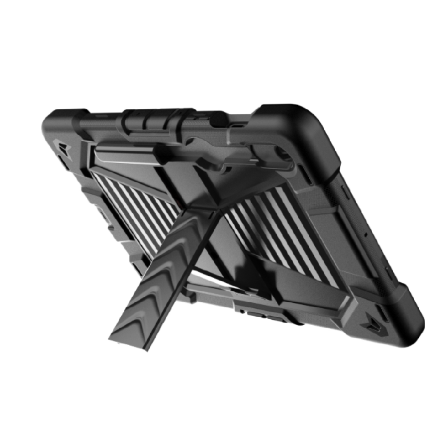 Black rugged tablet case with stand on a white background