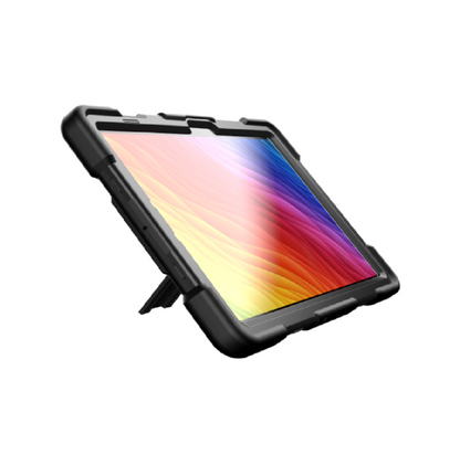 Tablet with a colorful display and black protective case on a white background