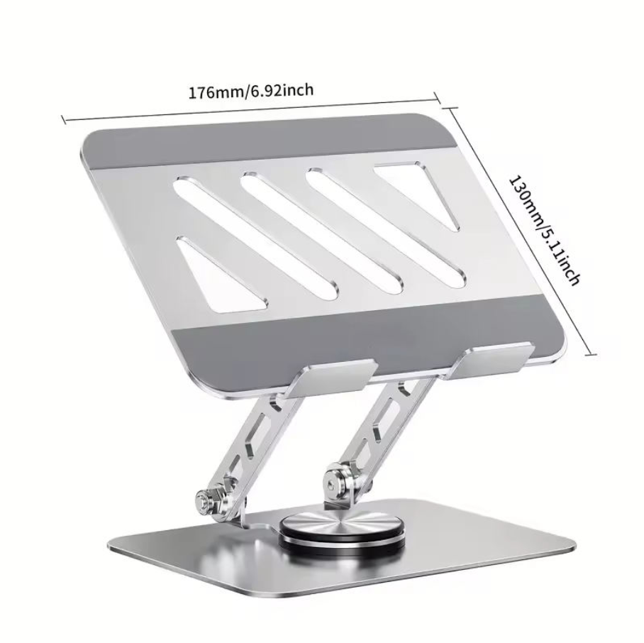 A silver aluminum laptop stand with adjustable legs and a slotted top, shown with dimension lines indicating 176mm/6.92inch width and 138mm/5.
