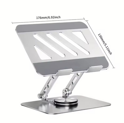 A silver aluminum laptop stand with adjustable legs and a slotted top, shown with dimension lines indicating 176mm/6.92inch width and 138mm/5.