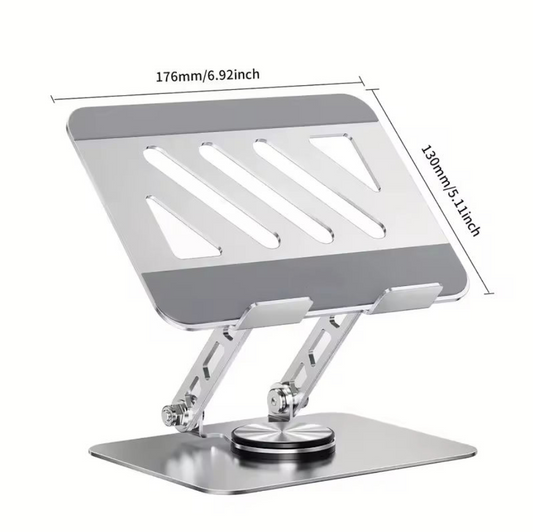 A silver aluminum laptop stand with adjustable legs and a slotted top, shown with dimension lines indicating 176mm/6.92inch width and 138mm/5.