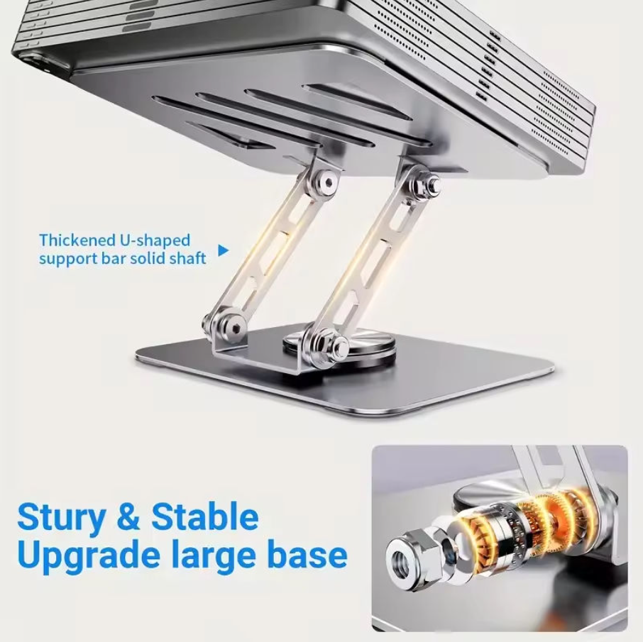 A silver metal laptop stand with a thick rectangular base and articulated support arms, shown on a light gray background with blue text callouts highlighting strengthened support bars and a close-up inset of the base joint.