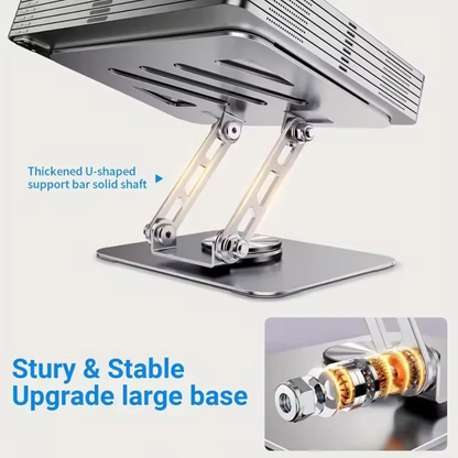 A silver metal laptop stand with a thick rectangular base and articulated support arms, shown on a light gray background with blue text callouts highlighting strengthened support bars and a close-up inset of the base joint.