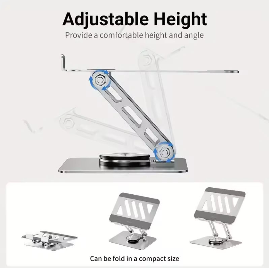 Adjustable metal stand with text reading 'Adjustable Height' and 'Provide a comfortable height and angle,' plus three smaller views showing the stand folded compactly. The product appears to be a silver aluminum laptop/tablet stand on a light gray background.