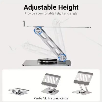 Adjustable metal stand with text reading 'Adjustable Height' and 'Provide a comfortable height and angle,' plus three smaller views showing the stand folded compactly. The product appears to be a silver aluminum laptop/tablet stand on a light gray background.